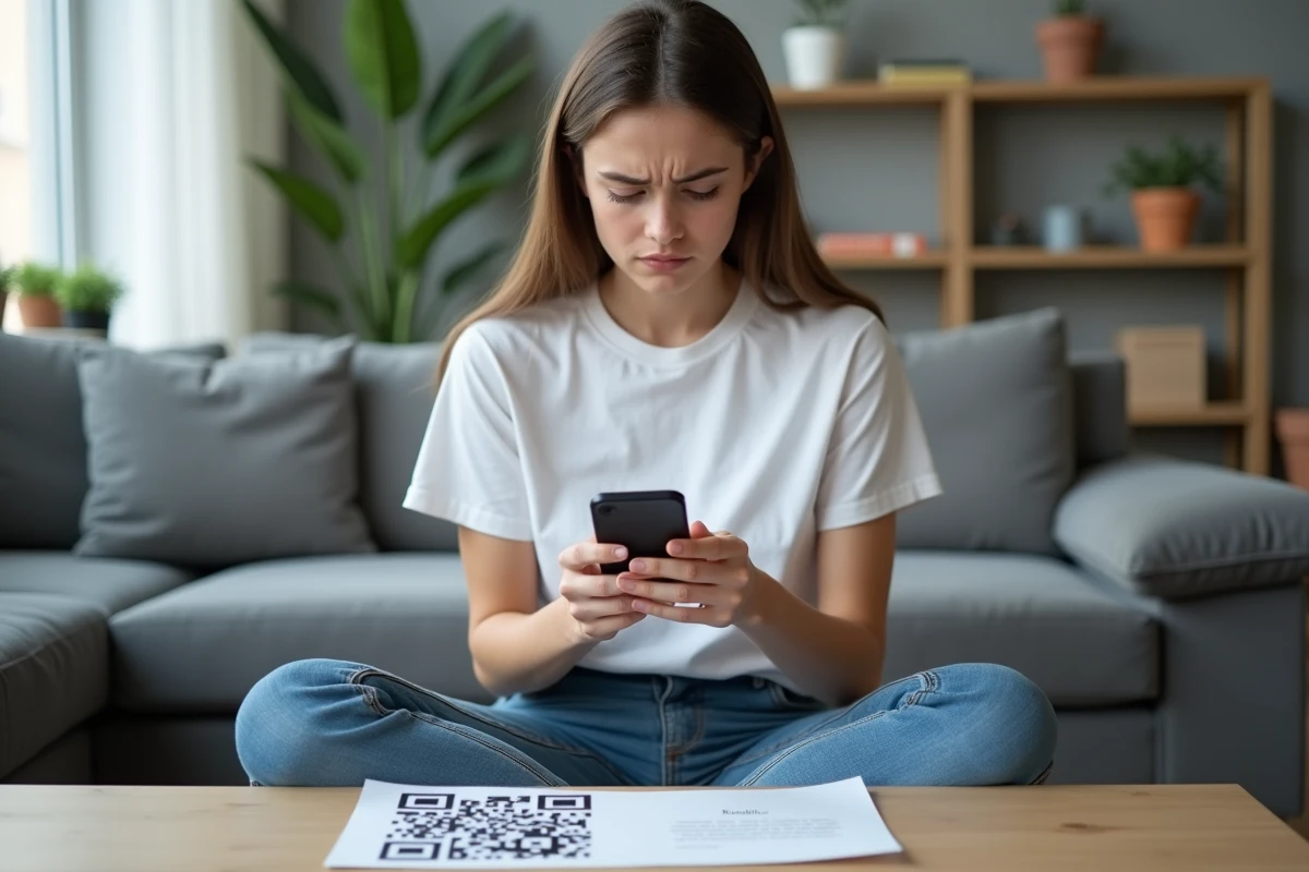 Jeune femme tentant de scanner un QR code Brawl Stars mal imprimé sur un salon moderne