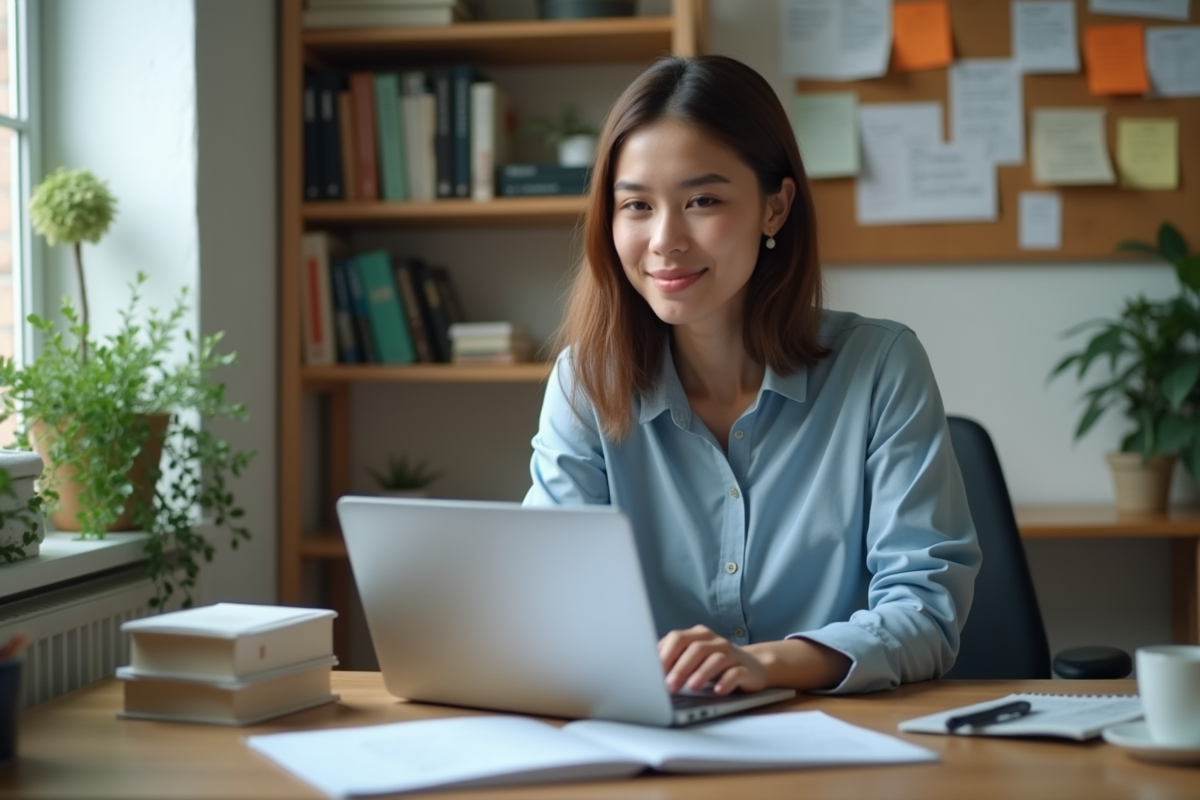 Jeune femme en tenue professionnelle cherche emploi sur son ordinateur