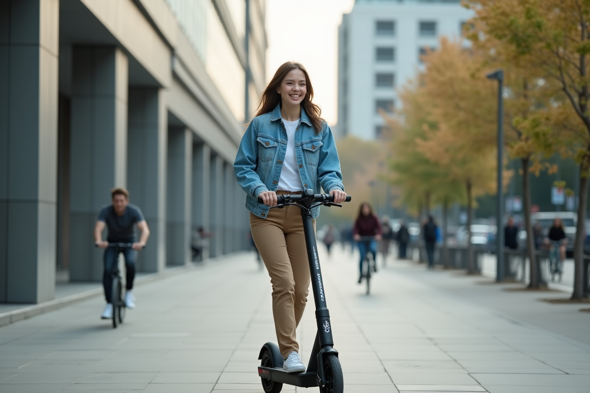 Jeune femme en denim et pantalon kaki sortant d'un scooter en ville