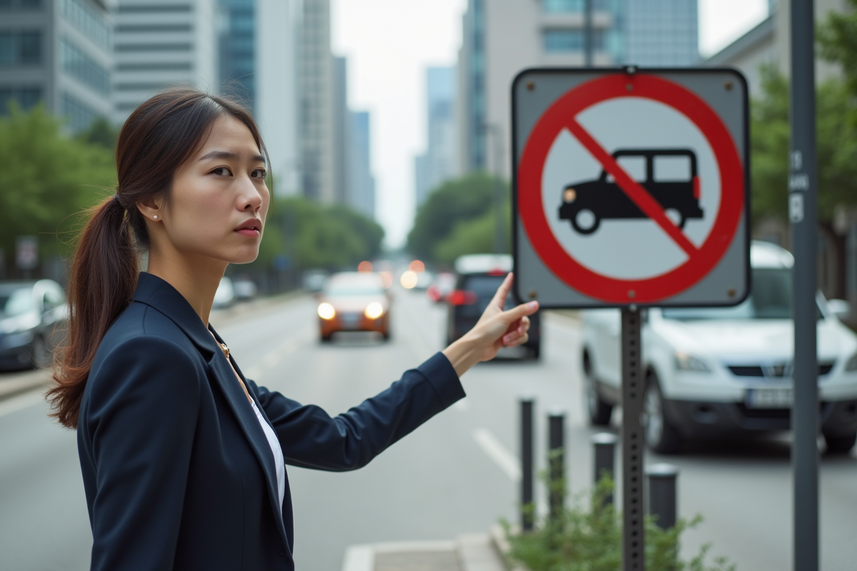 Jeune femme pointant vers un panneau de restriction voiture
