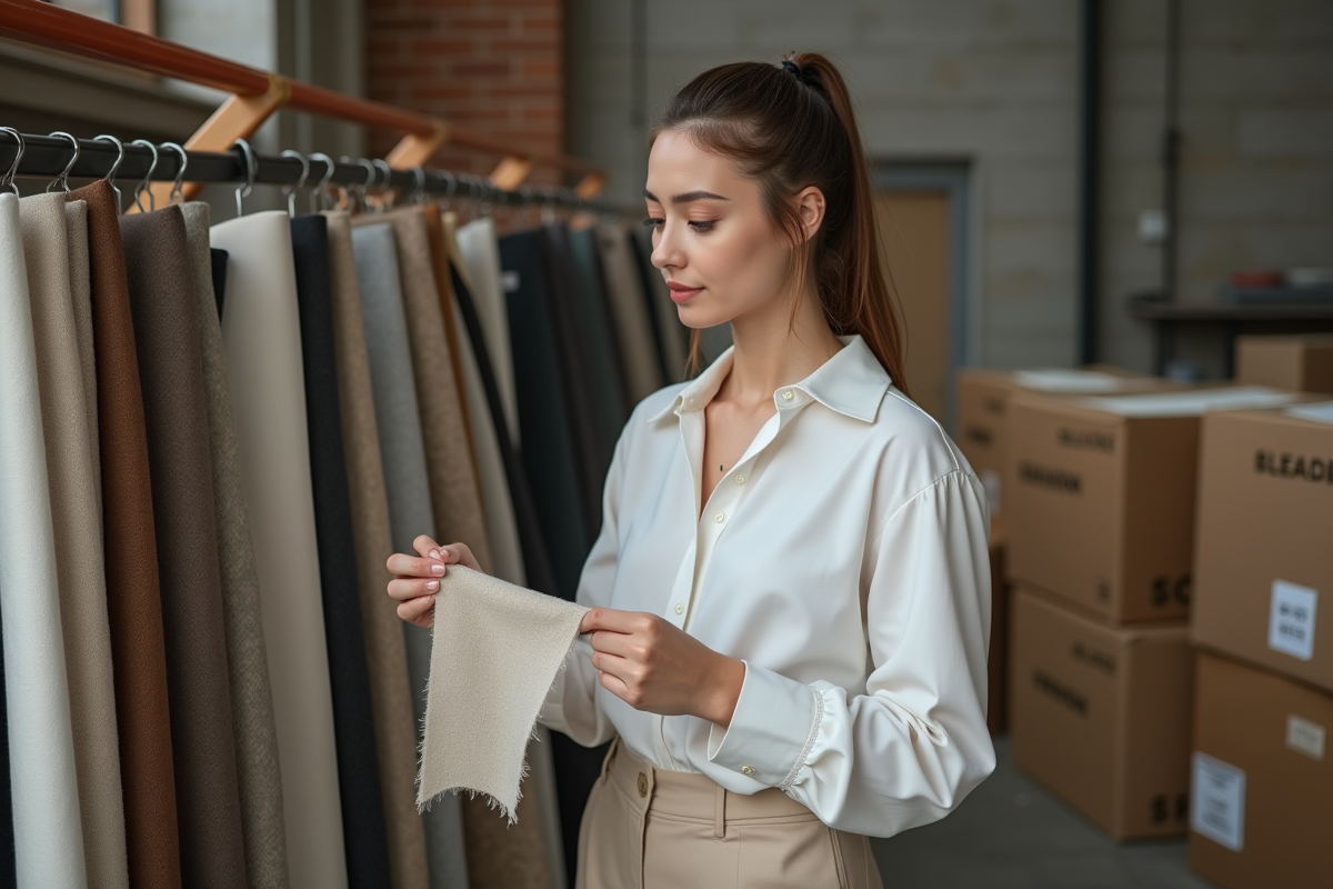 Jeune femme examine un échantillon de tissu dans un entrepôt industriel
