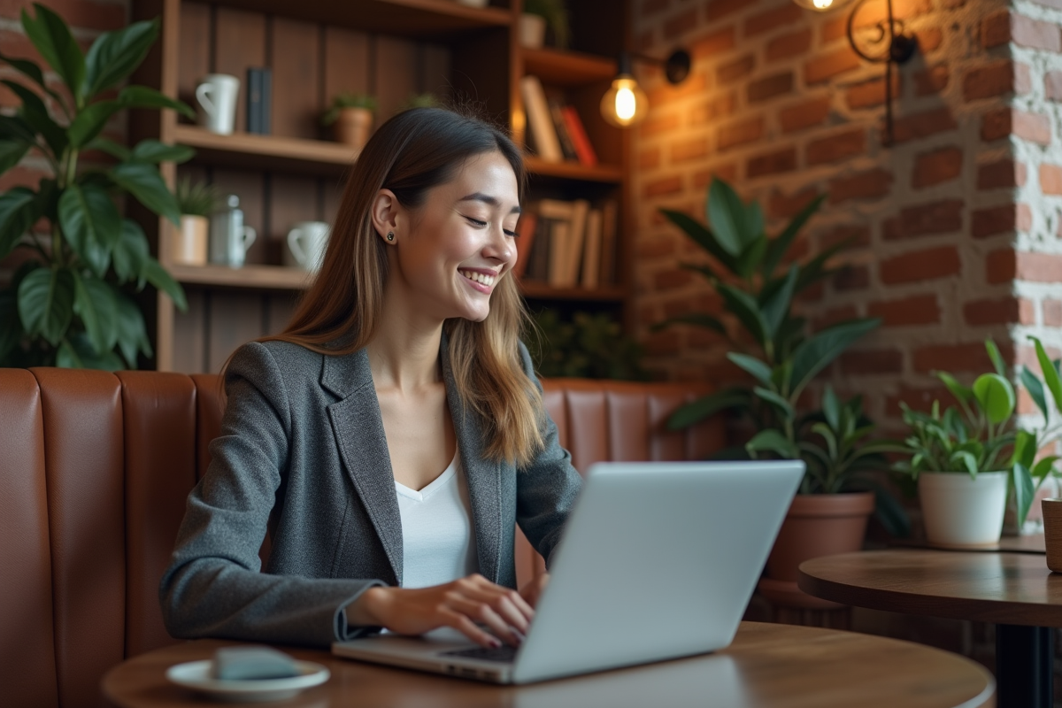 Jeune femme souriante travaillant sur son ordinateur dans un café