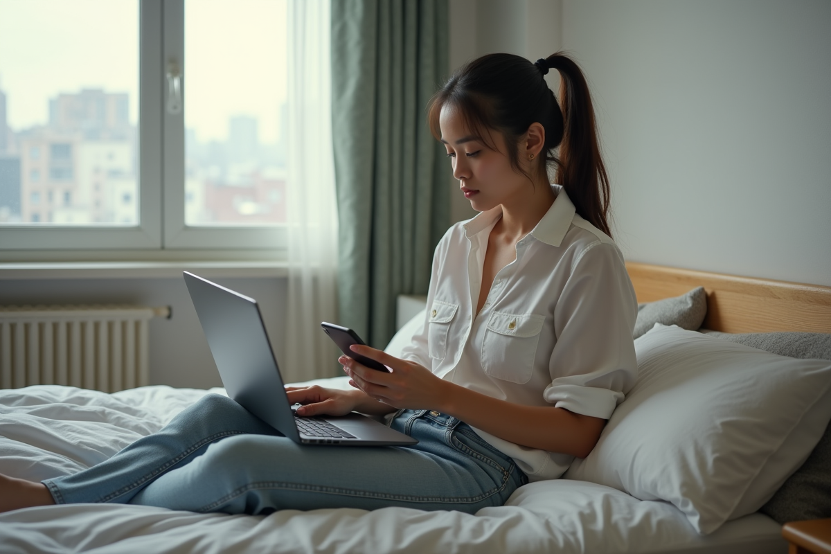 Jeune femme en tenue de bureau regardant son smartphone