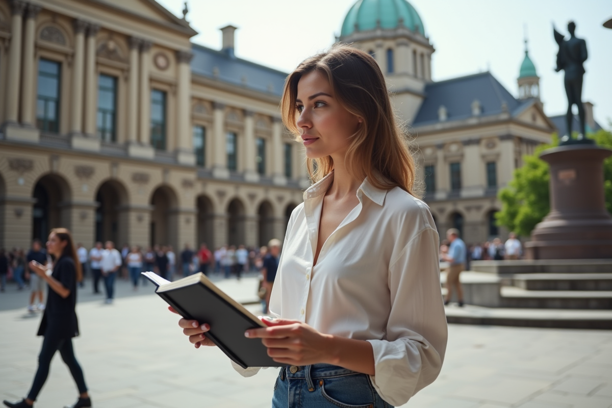 Jeune femme avec carnet dans une place urbaine animée