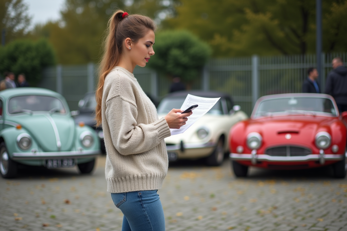 Jeune femme vérifiant un formulaire de voiture lors d