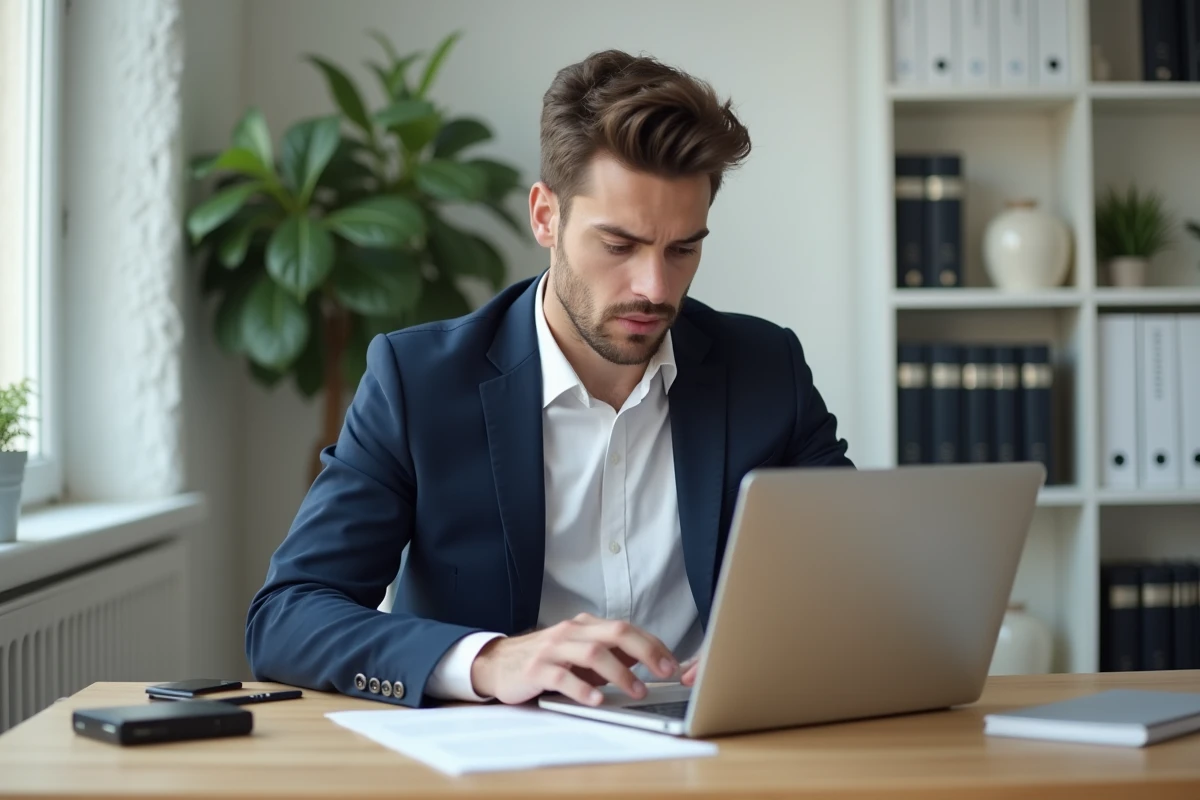 Jeune homme en costume lisant un document juridique dans un bureau moderne