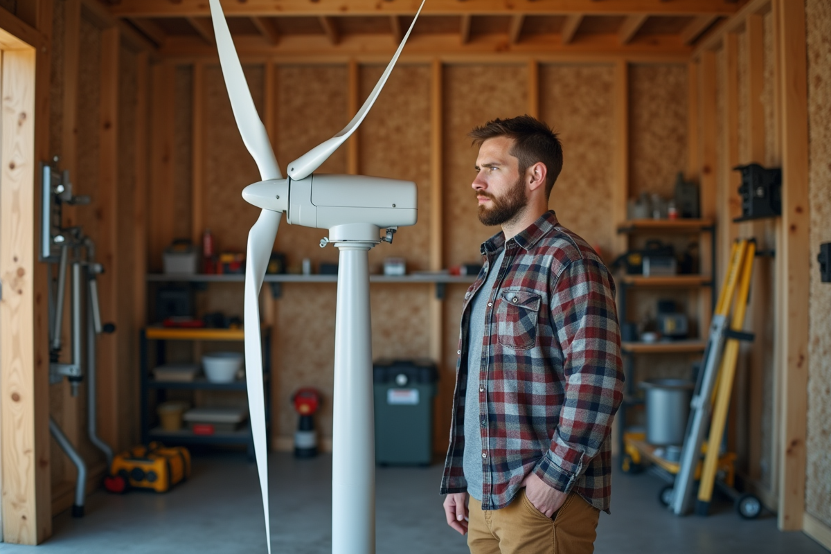 Jeune homme examine une turbine éolienne dans un atelier en bois
