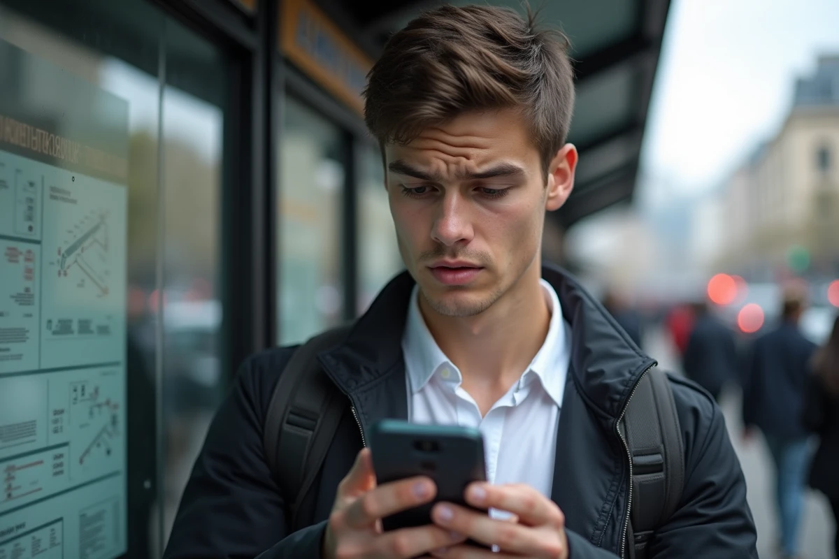 Jeune homme au arrêt de bus regardant son téléphone