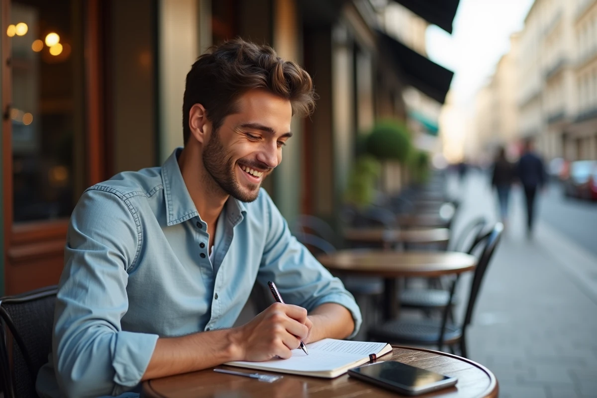 Jeune homme français écrivant dans un café parisien