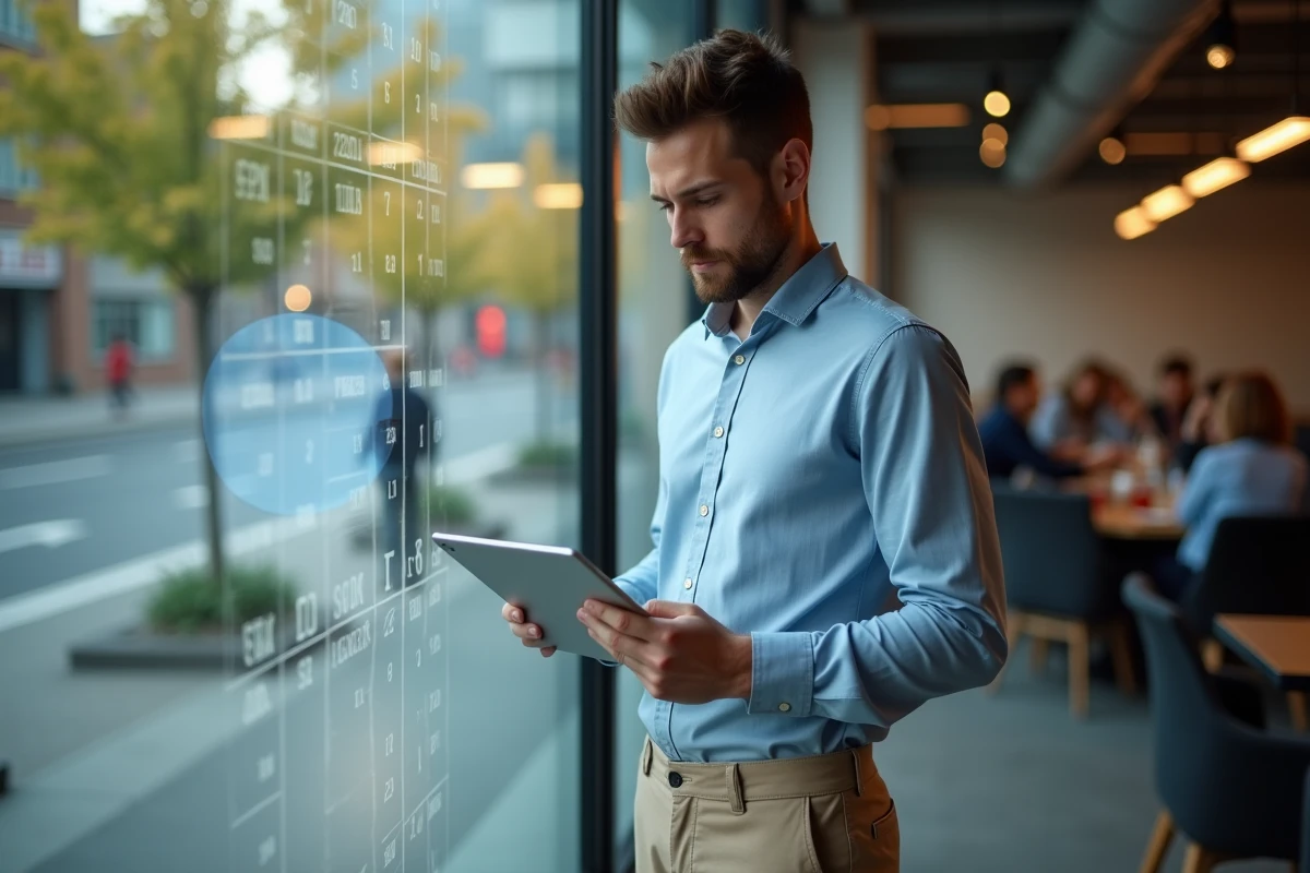 Jeune homme utilisant une tablette avec calendrier dans un espace de coworking
