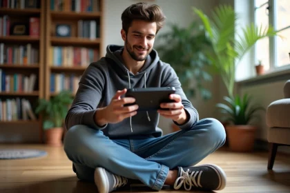 Jeune homme jouant à une console retrogaming dans un salon