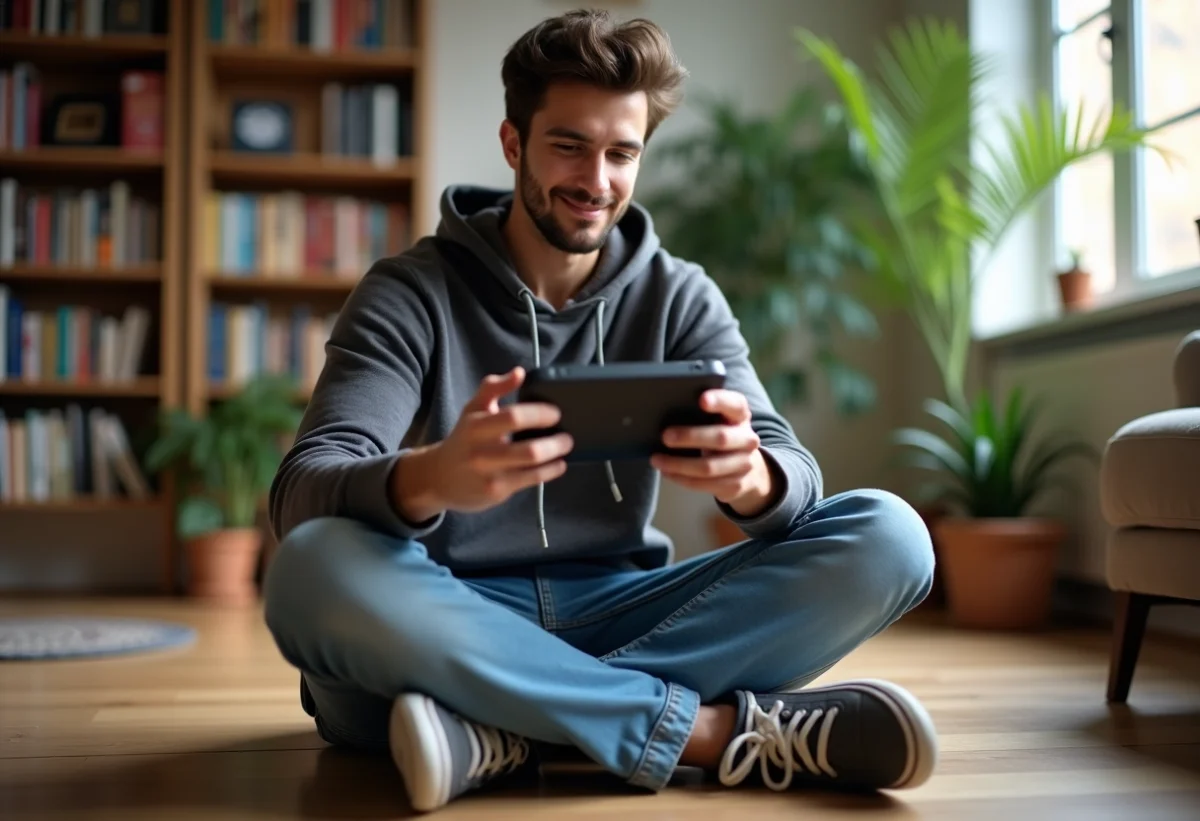 Jeune homme jouant à une console retrogaming dans un salon