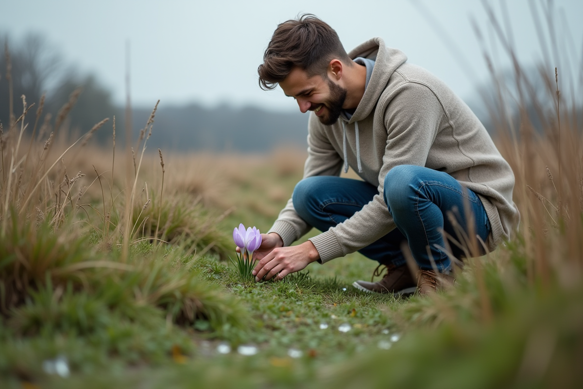 Jeune homme observant un crocus dans un pré printanier