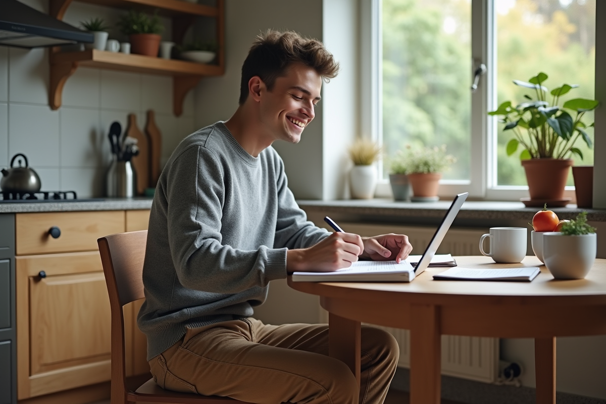 Jeune homme dans sa cuisine avec tablette et notes