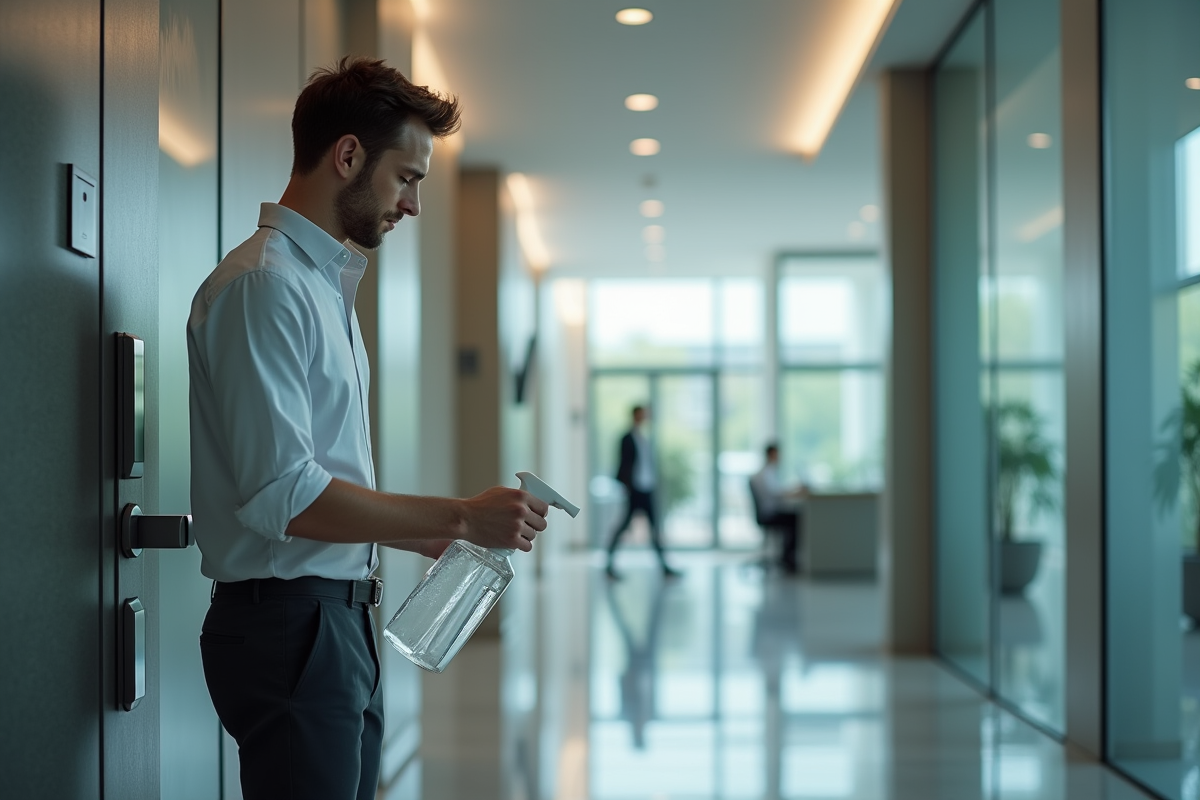 Jeune homme désinfectant poignées de porte au bureau