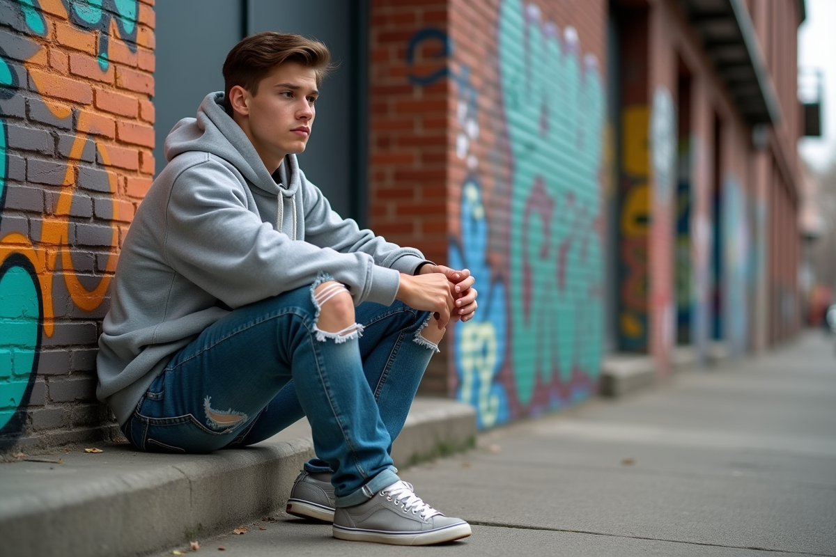 Jeune homme en hoodie et jeans assis devant un mur graffiti