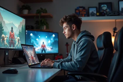 Jeune homme concentr&eacute; devant son ordinateur pour le lancement de jeu