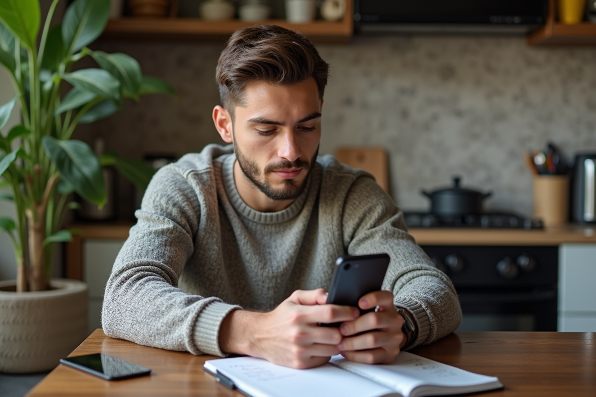 Jeune homme à la maison examinant son smartphone et crypto