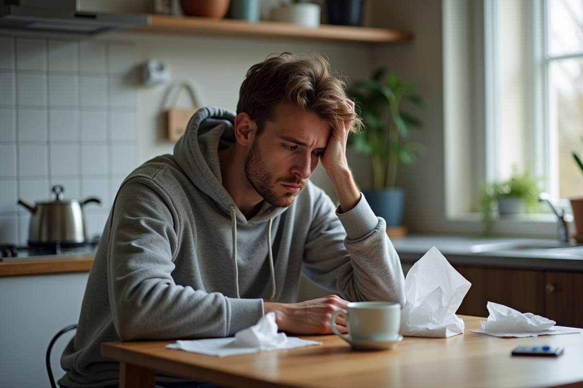 Jeune homme malade assis à la cuisine avec thermometre