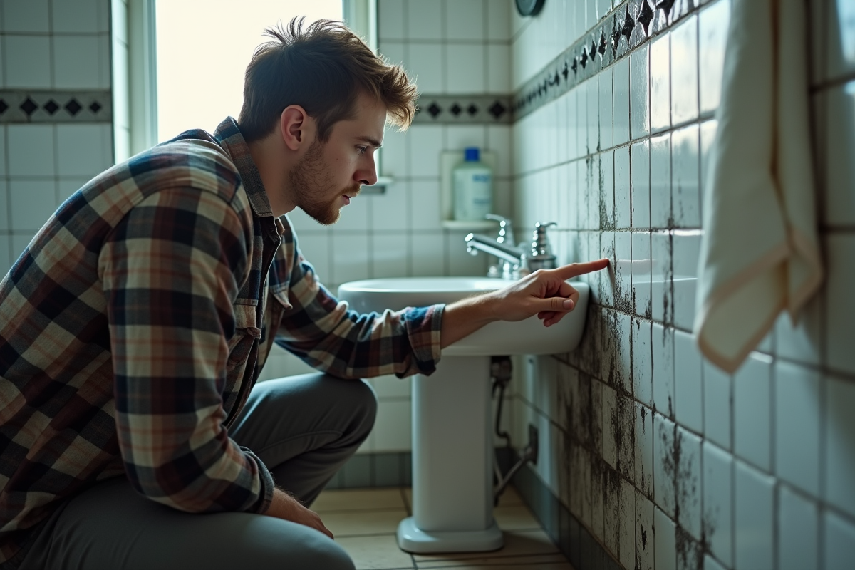 Jeune homme examinant la moisissure dans la salle de bain