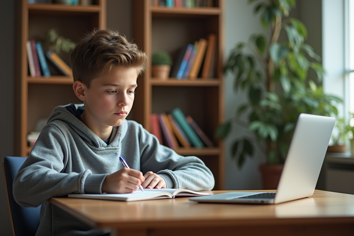 Adolescent concentré prenant des notes dans son bureau à la maison