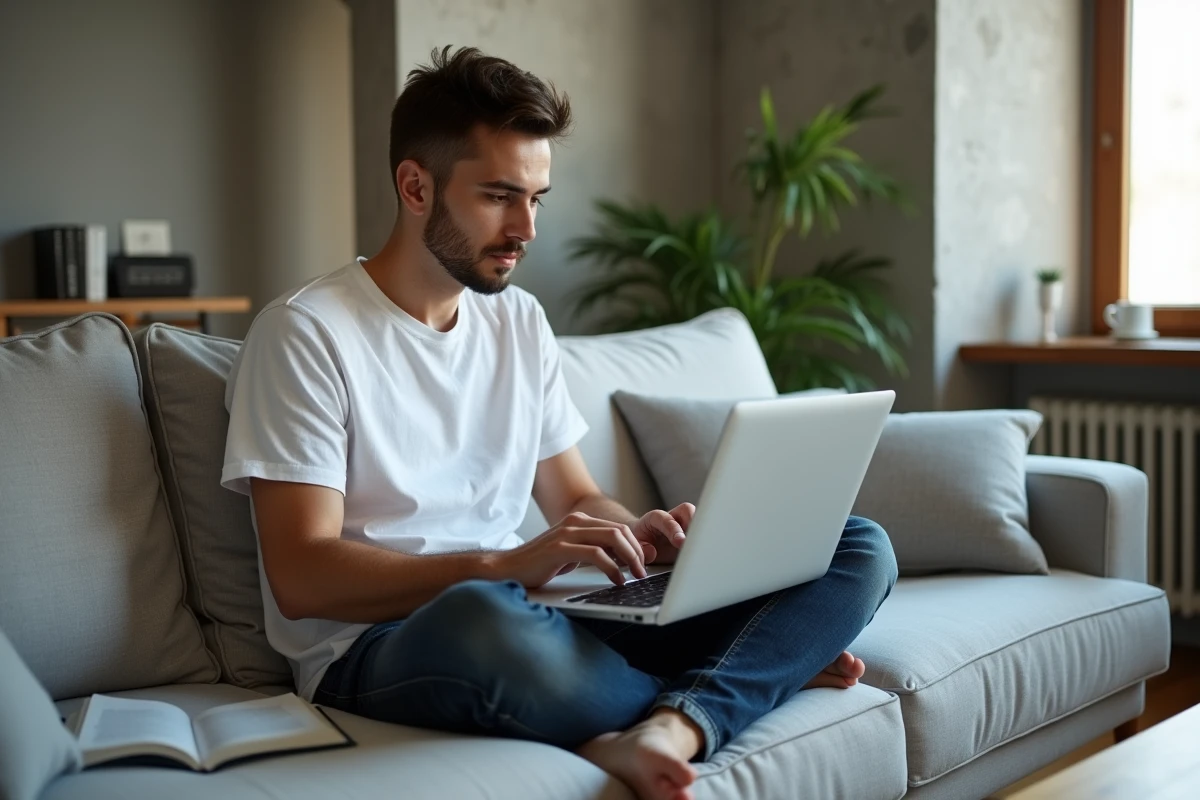 Jeune homme relisant un texte sur son ordinateur portable avec un guide de grammaire française ouvert à côté de lui dans un appartement moderne