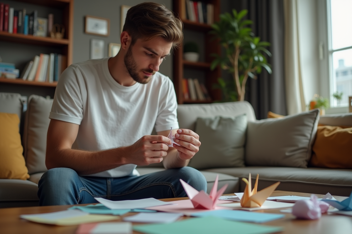 Jeune homme pliant un origami dans un salon cosy