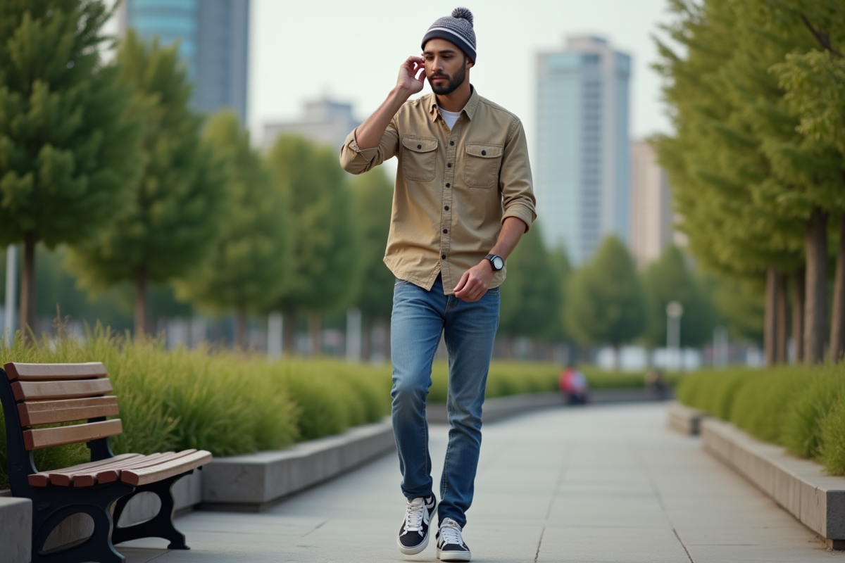 Jeune homme en jeans et sneakers dans un parc urbain