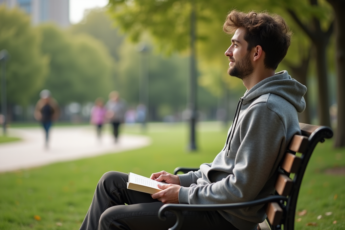 Jeune homme assis sur un banc dans un parc urbain
