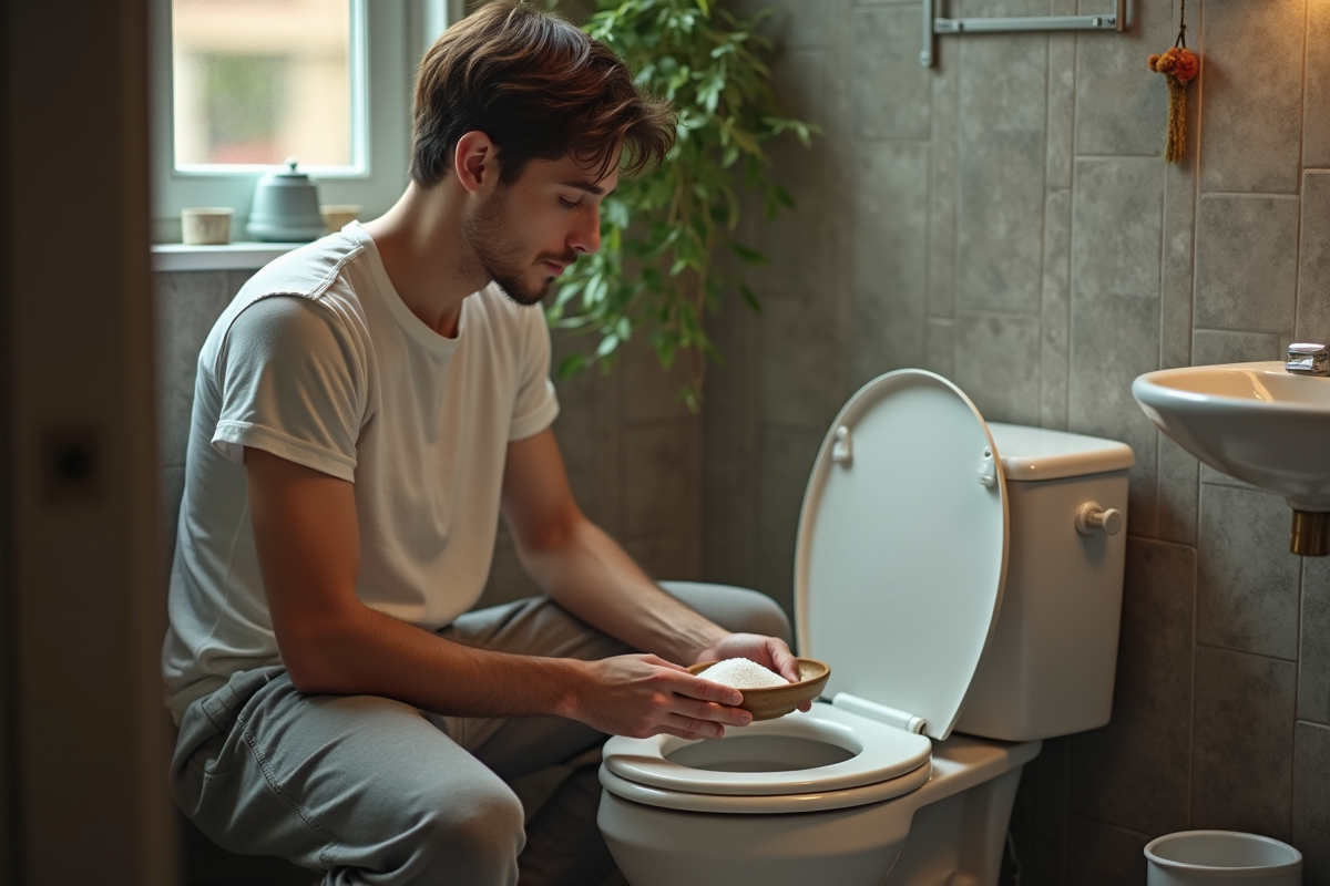 Jeune homme posant un bol de sel sur la toilette