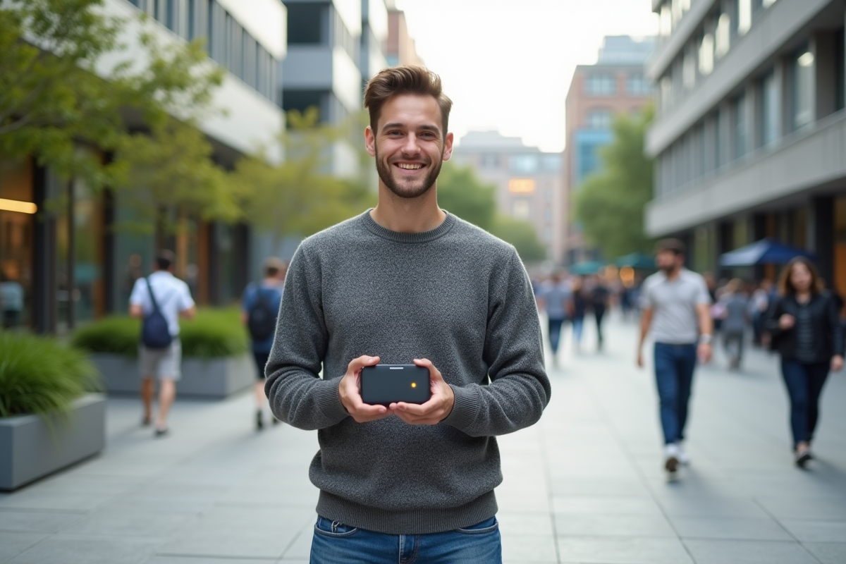 Jeune homme souriant tient un prototype dans une place urbaine
