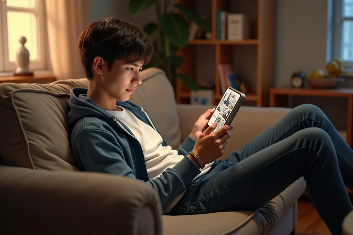 Jeune homme lisant manga sur smartphone dans un salon cosy