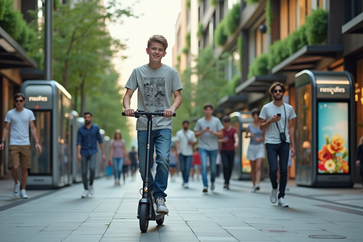 Jeune garçon roulant en scooter électrique dans la ville