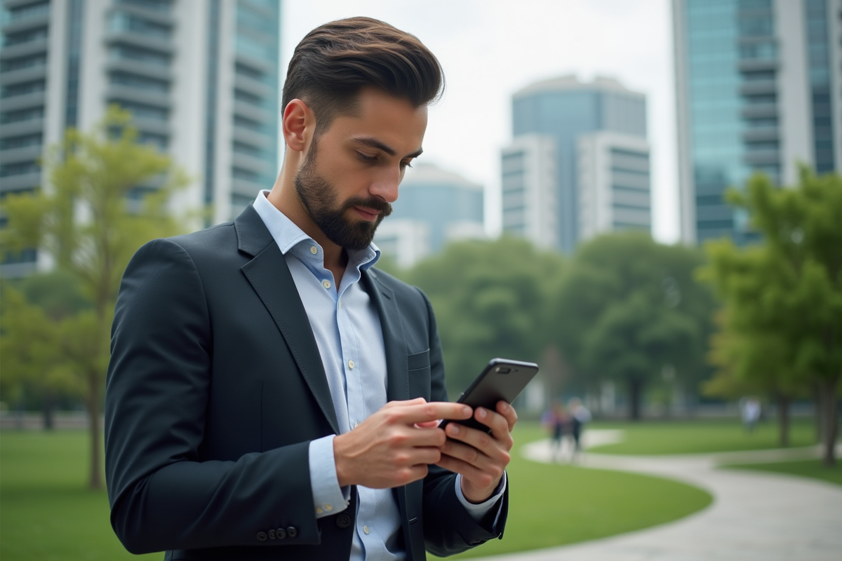 Jeune homme avec smartphone dans un parc urbain