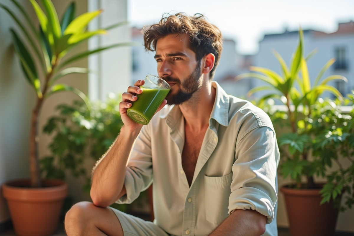 Jeune homme buvant un smoothie à l