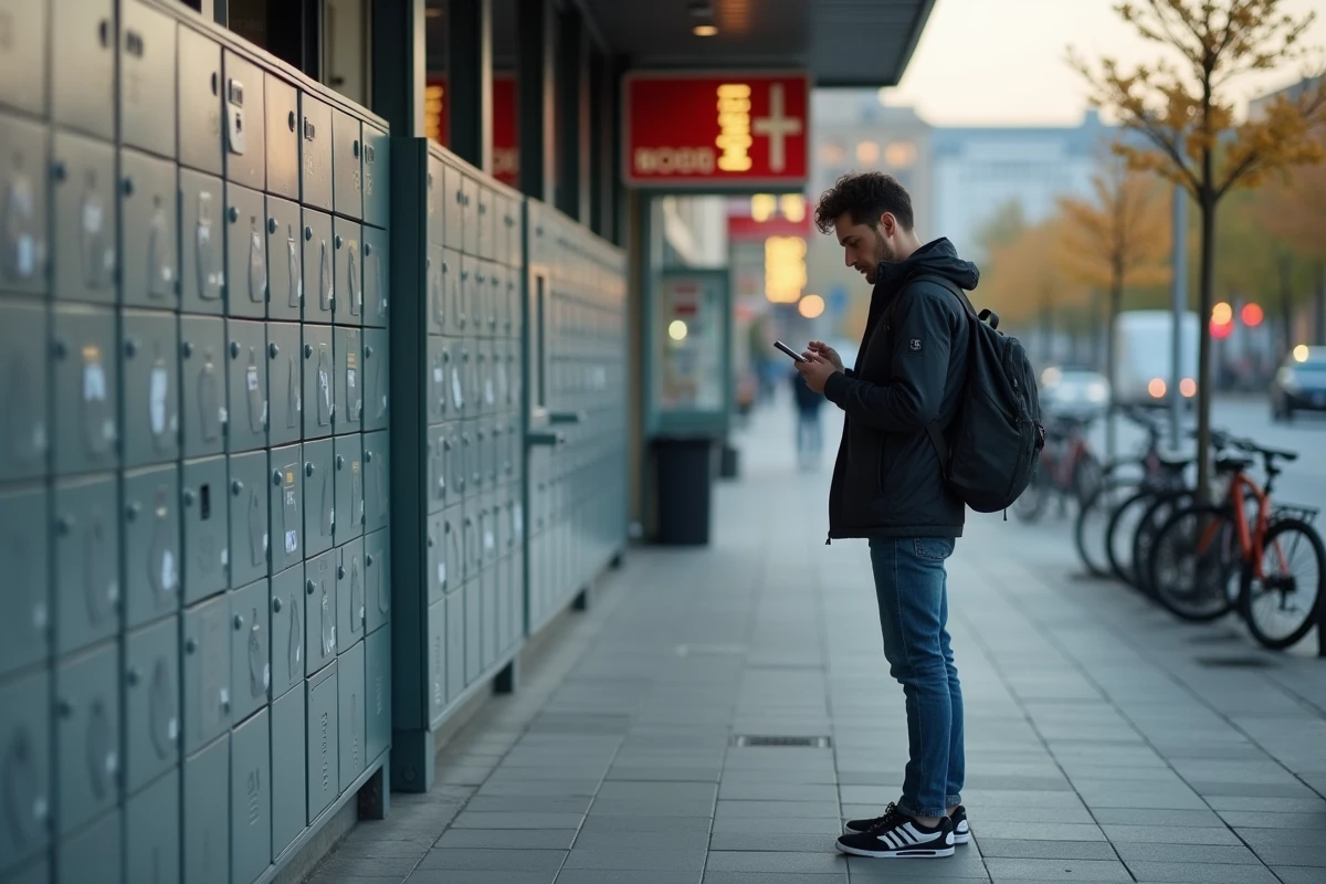 Jeune homme v&eacute;rifiant son t&eacute;l&eacute;phone pr&egrave;s de casiers &agrave; lockers