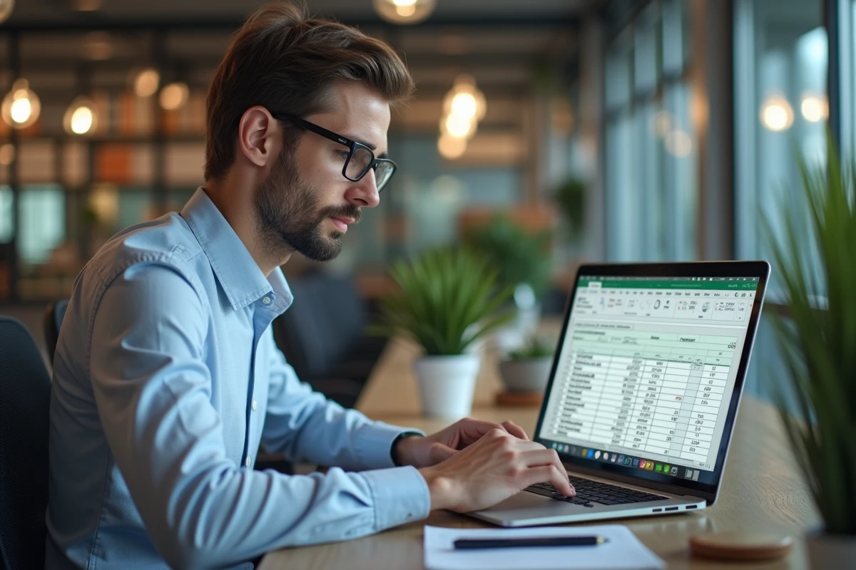 Jeune homme concentré travaillant sur un tableur dans un bureau moderne