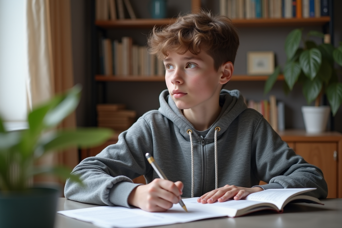 Adolescent étudiant concentré à son bureau dans un appartement français