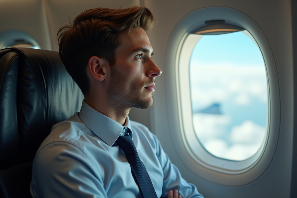 Jeune homme en costume regardant par la fenetre de l