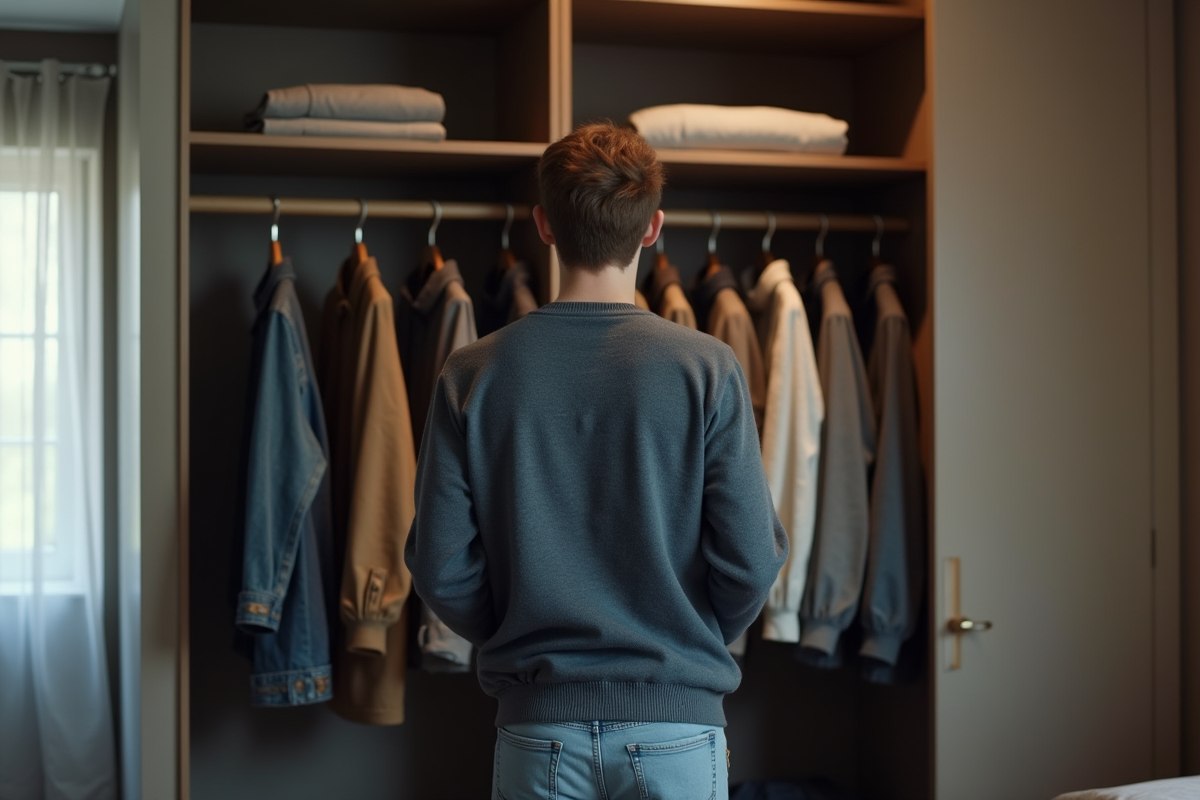 Jeune homme triant ses vêtements dans une armoire moderne