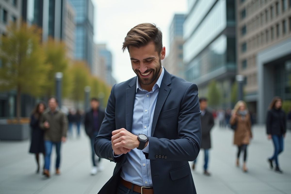 Jeune homme souriant vérifiant sa montre dans la ville