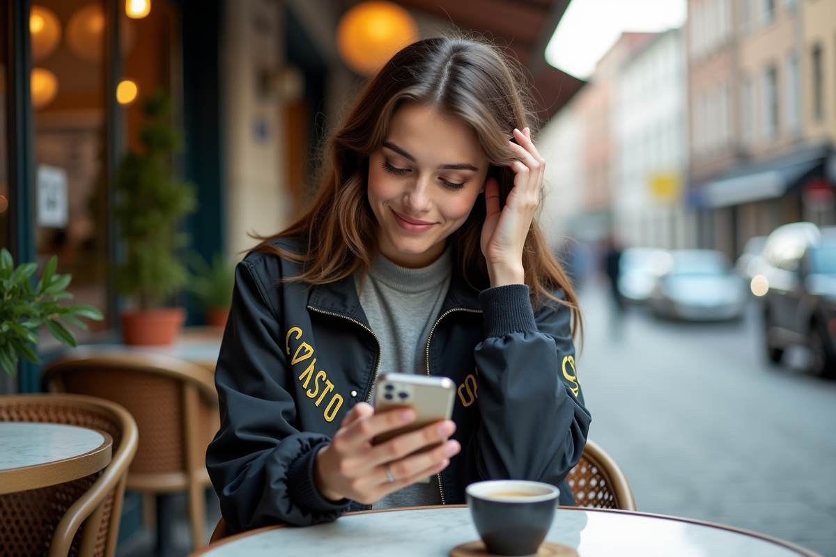 Jeune influenceuse assise au café vérifiant son téléphone