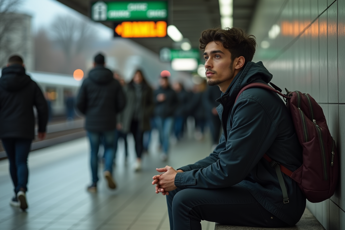 Jeune migrant assis sur un banc dans une station de train