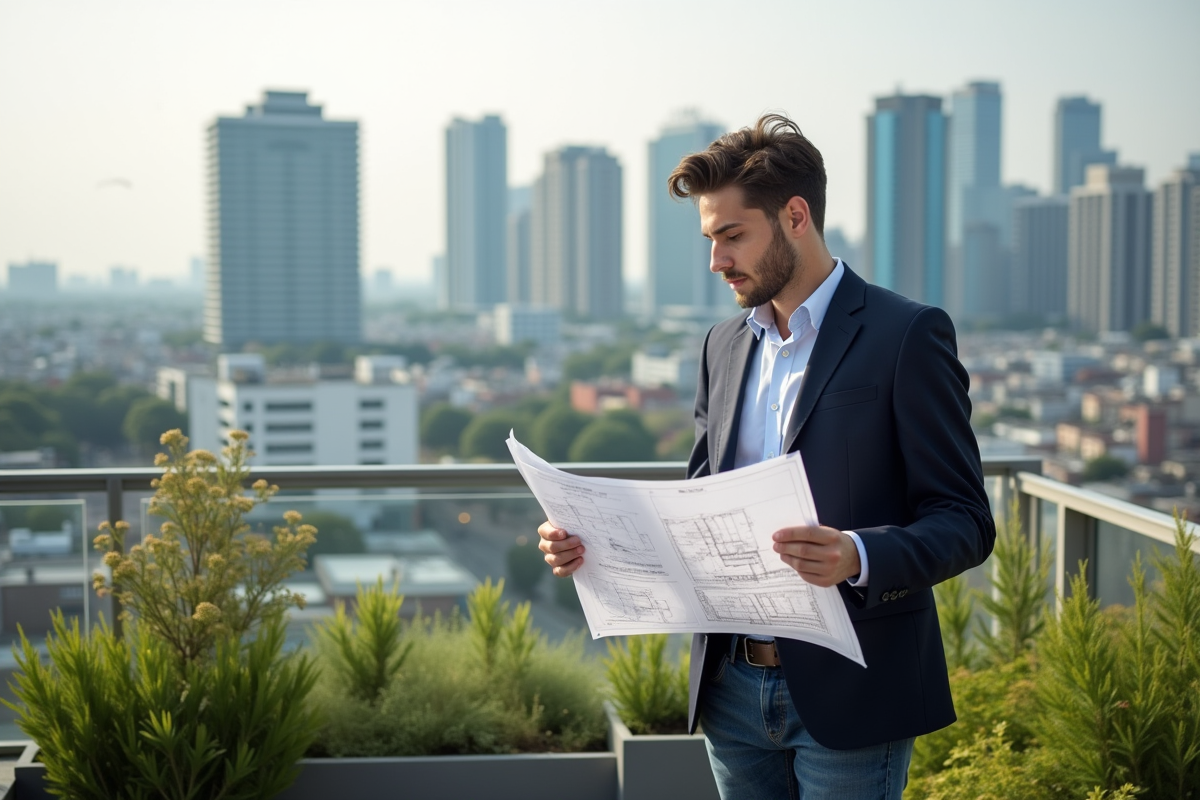 Jeune urbaniste examinant des plans sur un toit urbain
