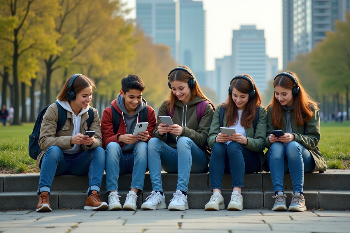 Groupe d adolescents utilisant des appareils numériques en plein air