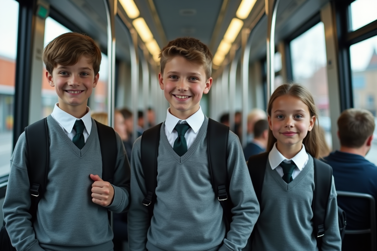 Trois adolescents en uniformes montant dans un tram moderne