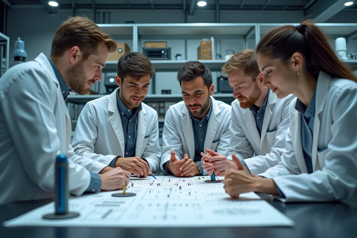 Jeunes ingénieurs autour de modèles de satellites en laboratoire