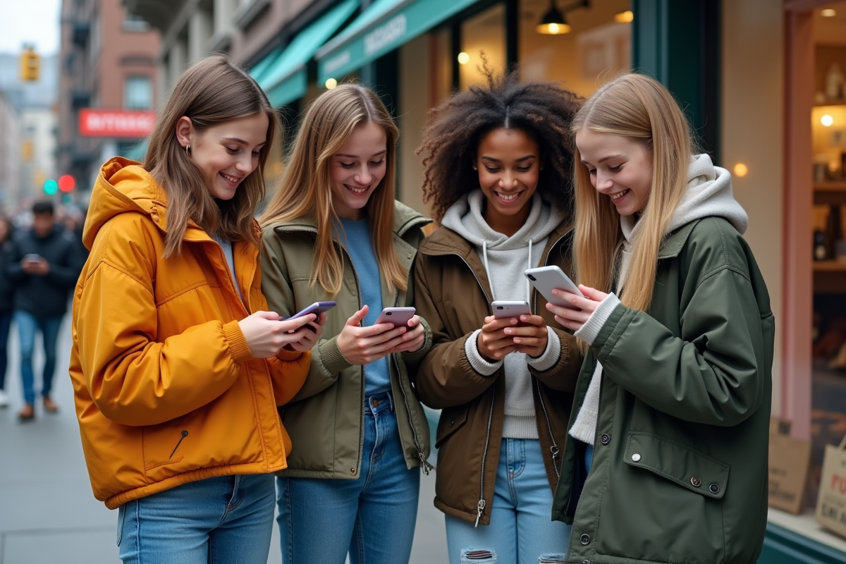 Groupe de jeunes dans une rue commerçante urbaine