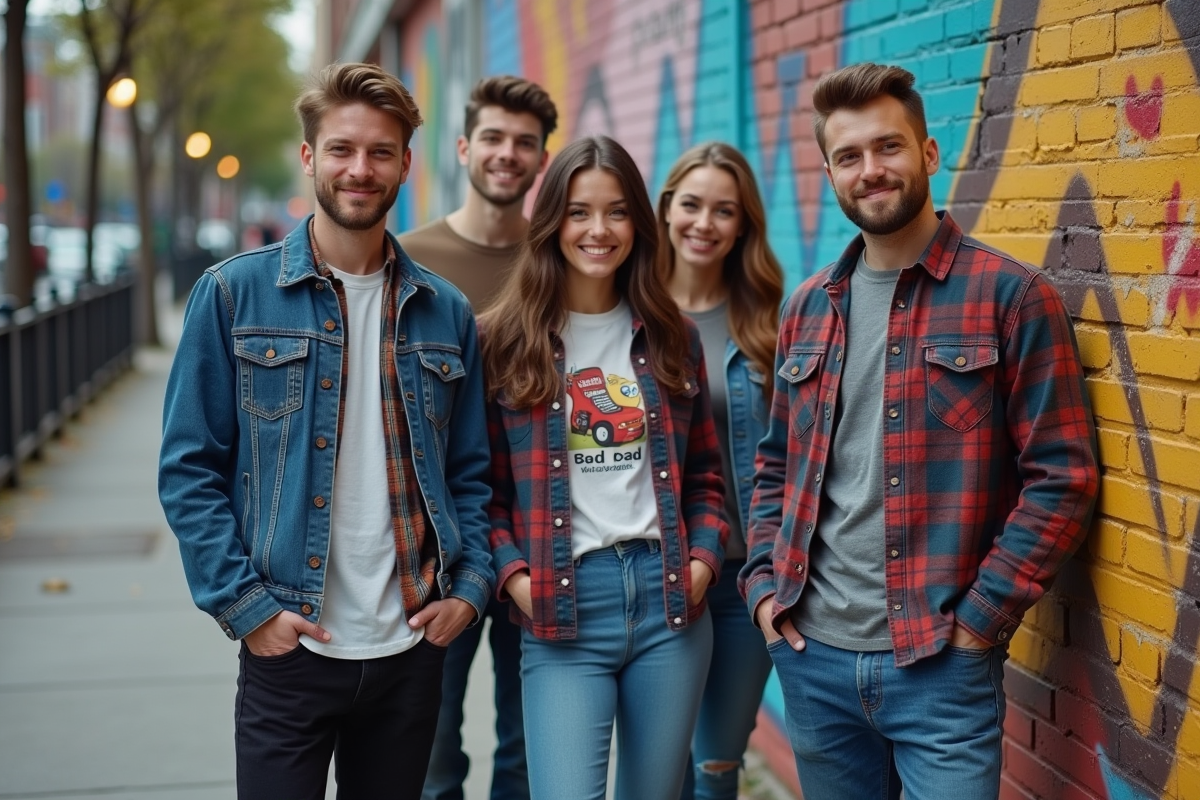 Groupe de jeunes en streetwear 90s devant un mur graffiti