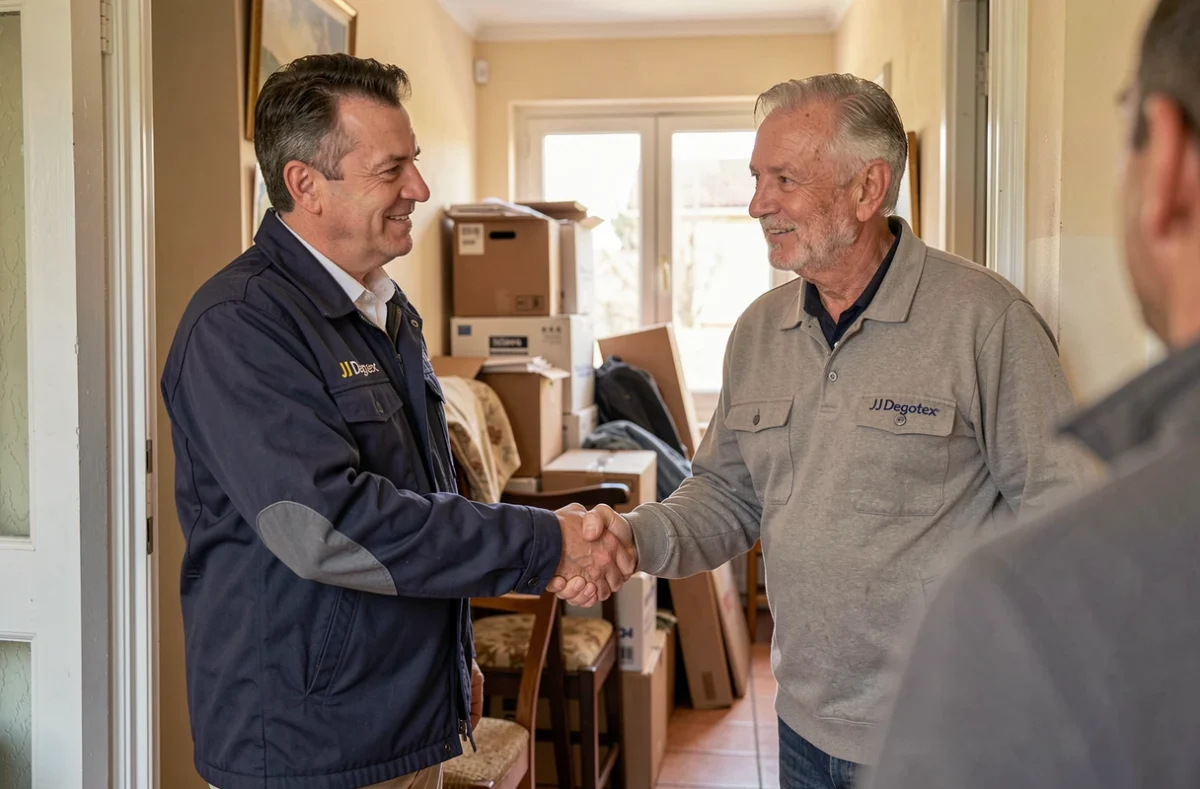 Professionnel JJ Degottex serrant la main d'un client devant une maison à vider dans le Rhône
